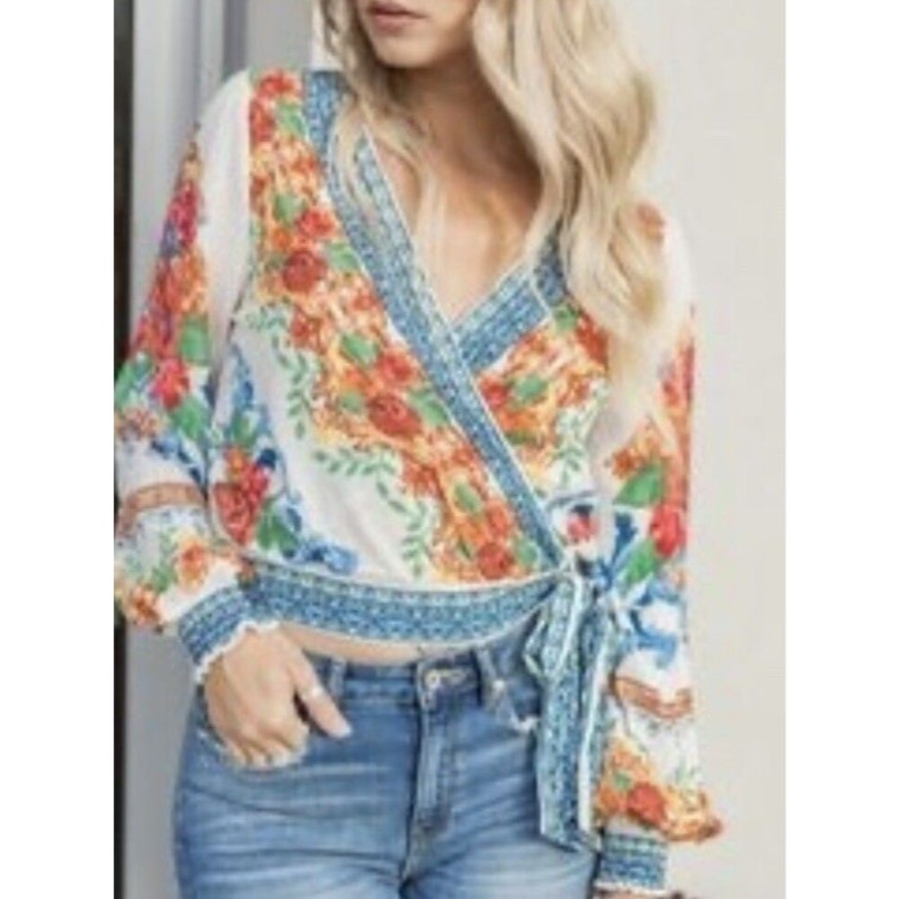 Flying Tomato Wrap Crop Top Floral Beachy Boho Blouse SZ M